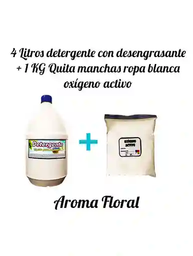 Combo Detergente Ropa Con Desengrasante X 4l Aroma Floral + Quitamanchas Ropa Blanca Oxigeno Activo X Kg