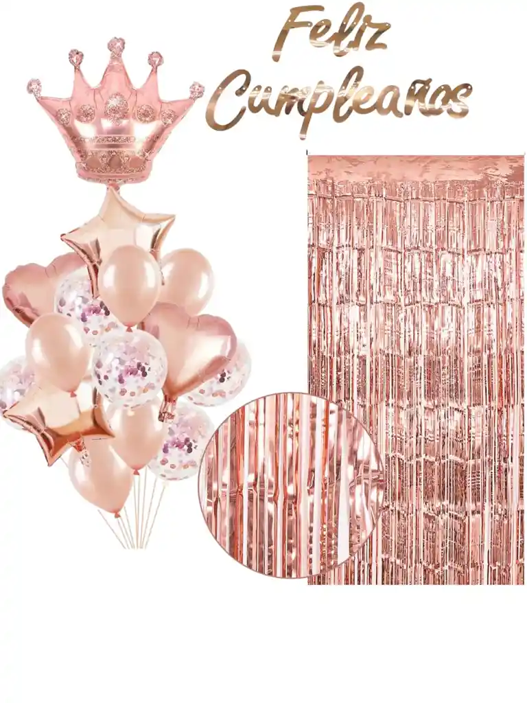 Kit Decoración Fiesta Oro Rosa Corona Globo Feliz Cumpleaños