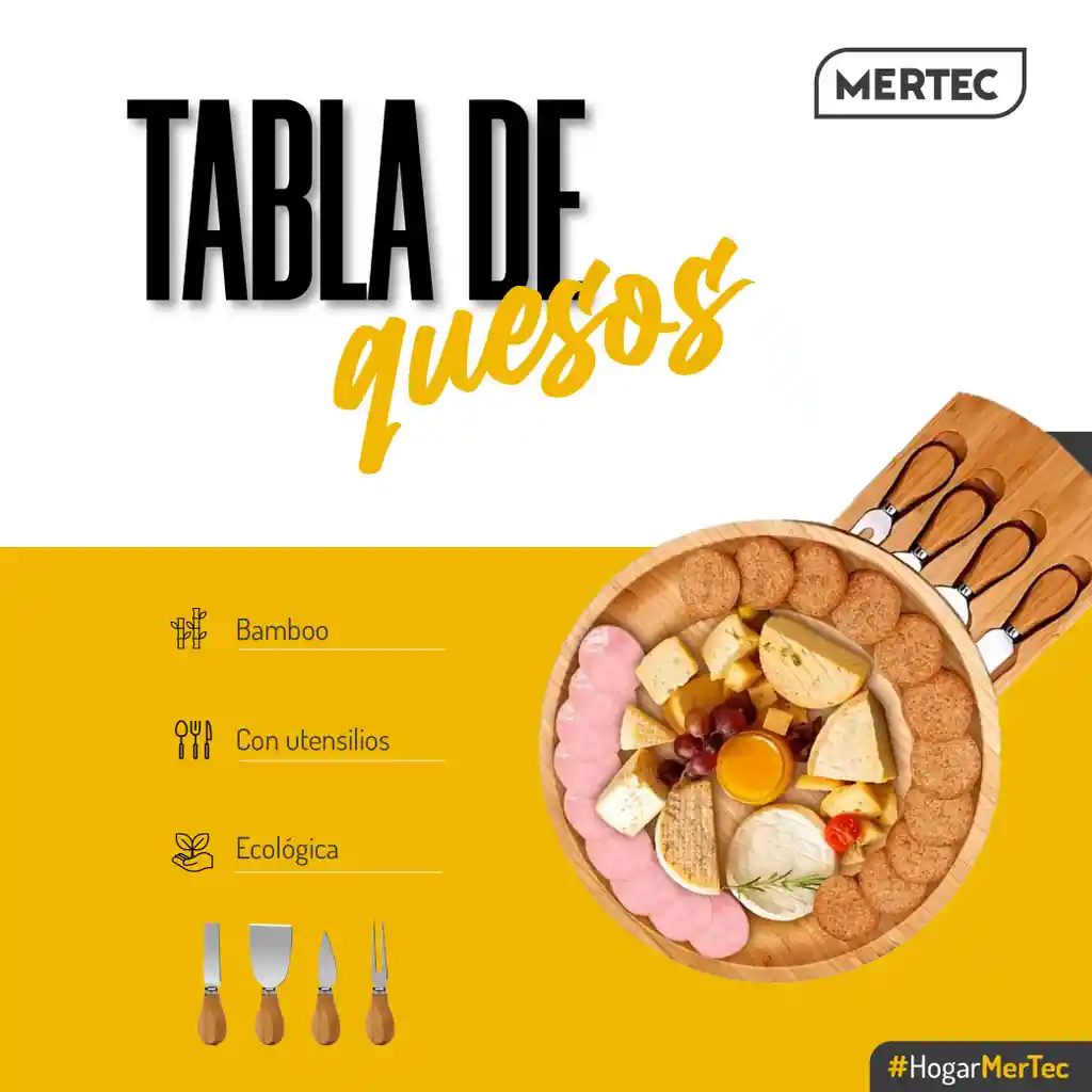 Set De Tabla De Quesos De Bambu Con Utensilios Mertec