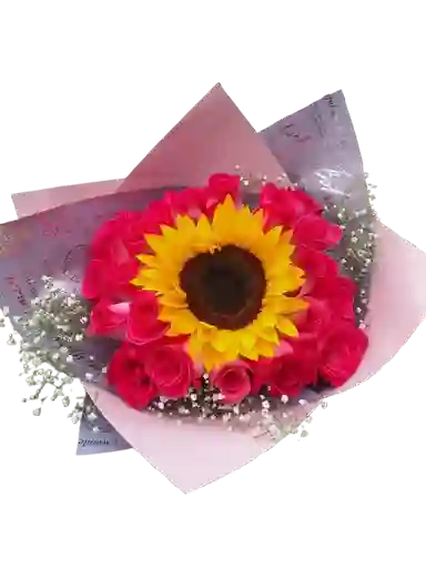 Bouquet De 18 Rosas Fucsias Y Girasol