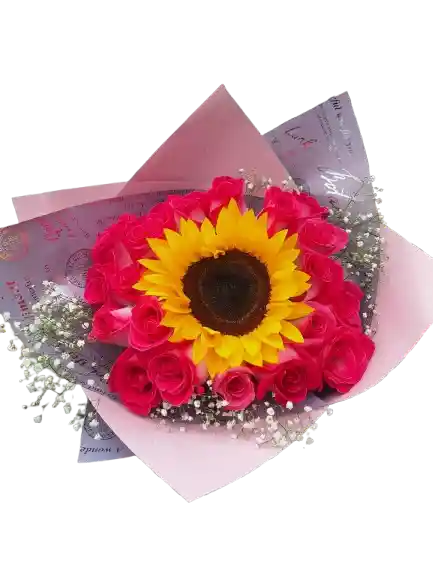 Bouquet De 18 Rosas Fucsias Y Girasol