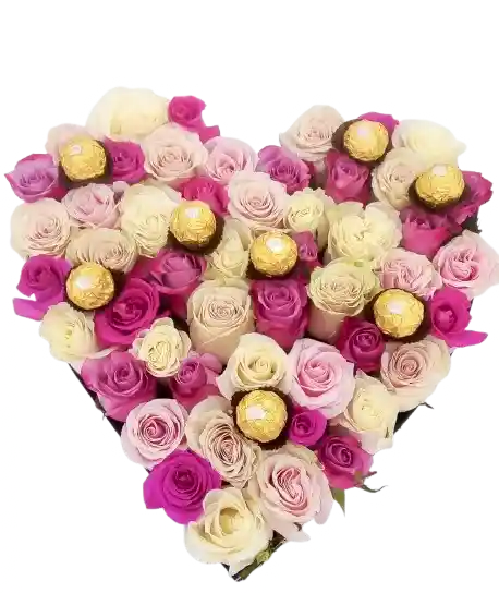 Corazón De Rosas Blancas, Lila, Rosadas Y Fucsia Con Chocolates Ferrero