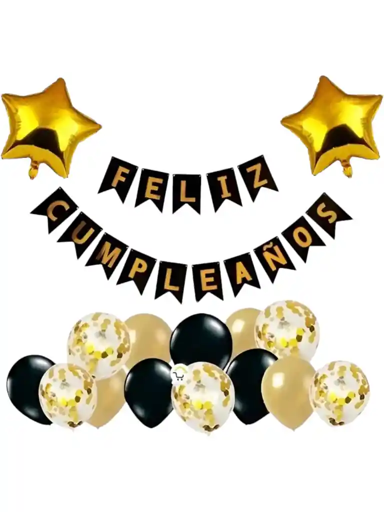 Kit Decoración Feliz Cumpleaños Dorado Negro Globos