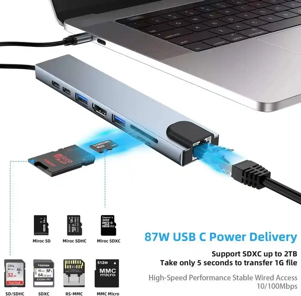 Convertidor Usb C Hub Tipo C Divisor Thunderbolt 3 8 En 1