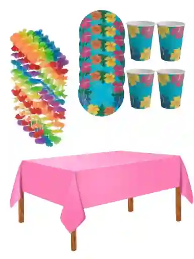 Lindo Kit Fiesta Hawaiano Plato Vaso Mantel Collares