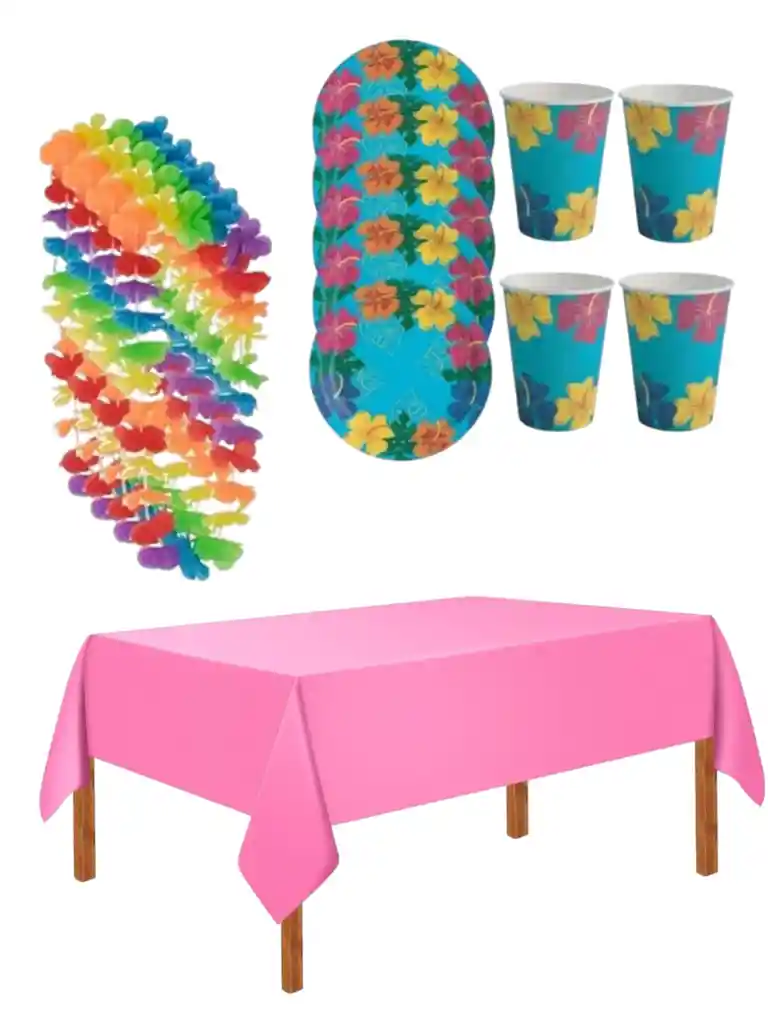 Lindo Kit Fiesta Hawaiano Plato Vaso Mantel Collares