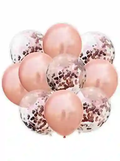 Kit Globos Cromado R12 + Globos Con Confeti R 12 Oro Rosa