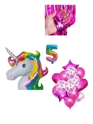 Kit Fiesta Unicornio De Cortina Globo Buque Metalizado Y Numero