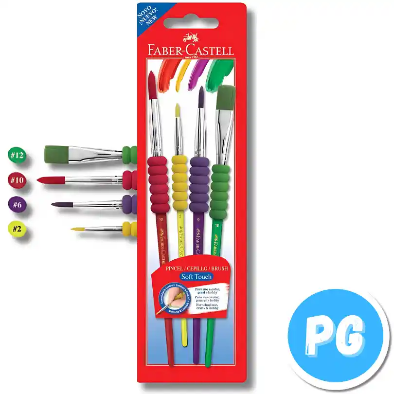 Paquete De Pinceles Faber Castell Ergonomicos X4 Unds Soft Touch (#12 Plano, #10 Redondo, #6 Redondo Y #2 Redondo)