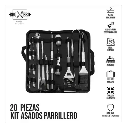 Set Utensilios Asados Infaltables 20 Pz Acero Inoxidable