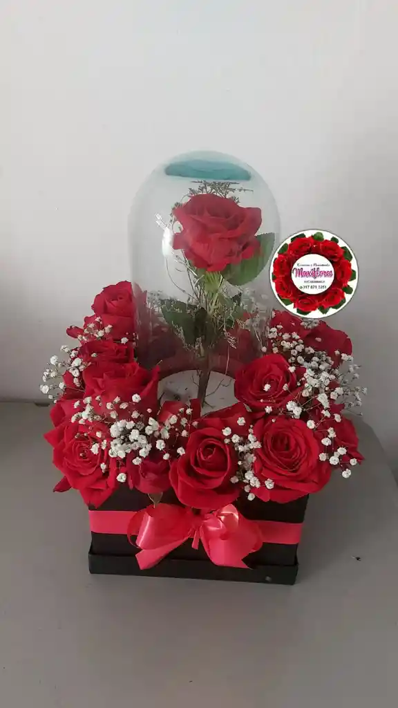 Caja Con Rosas Naturales Y Una Rosa Inmortalizada