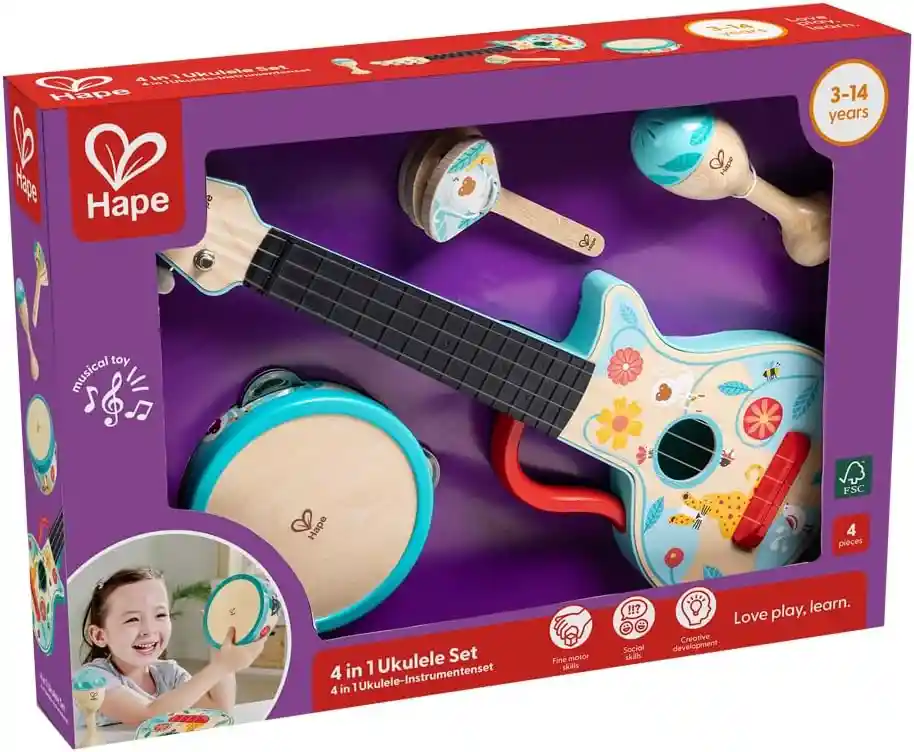 Juego Set Instrumentos Musicales 4 En 1 Madera Para Niños