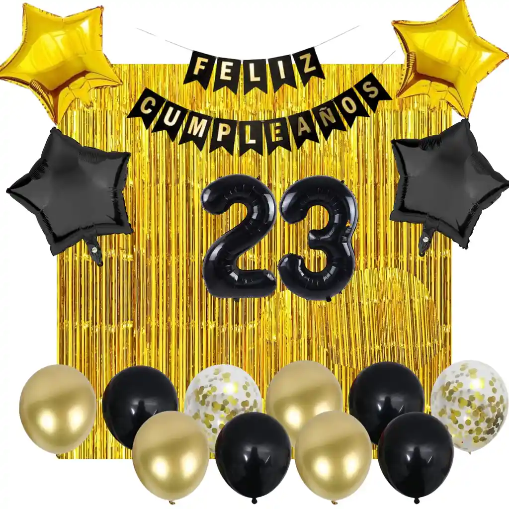 Kit Decoración Dorado Para Tu Cumpleaños Globos Cortina Letrero