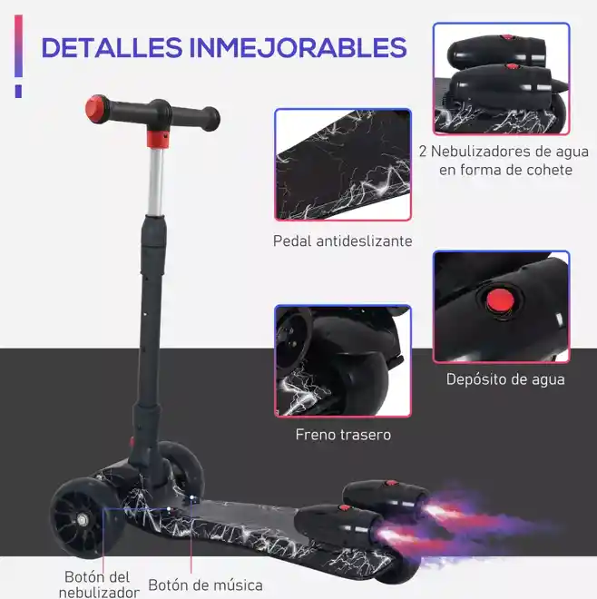 Patineta Scooter Altura Ajustable De Humo Con Luces Led Y Sonido