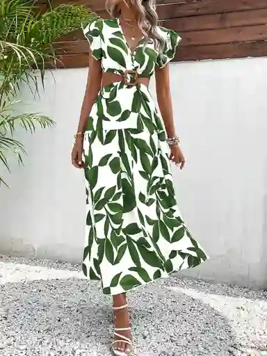 Vestido Con Estampado De Plantas De Manga Mariposa Vinculado Con Aro