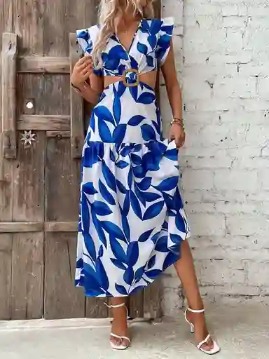 Vestido Con Estampado De Plantas De Manga Mariposa Vinculado Con Aro