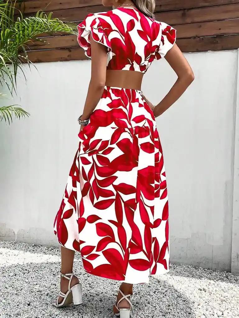 Vestido Con Estampado De Plantas De Manga Mariposa Vinculado Con Aro