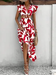 Vestido Con Estampado De Plantas De Manga Mariposa Vinculado Con Aro