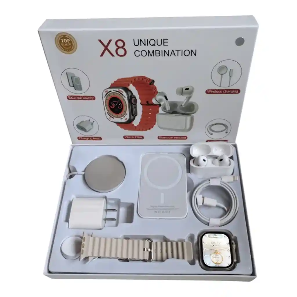 Combo X8 Smartwatch + Auriculares Bluetooth + Bateria Externa + Cargas Inalambricas + Cargador Iphone (puldo Negro)