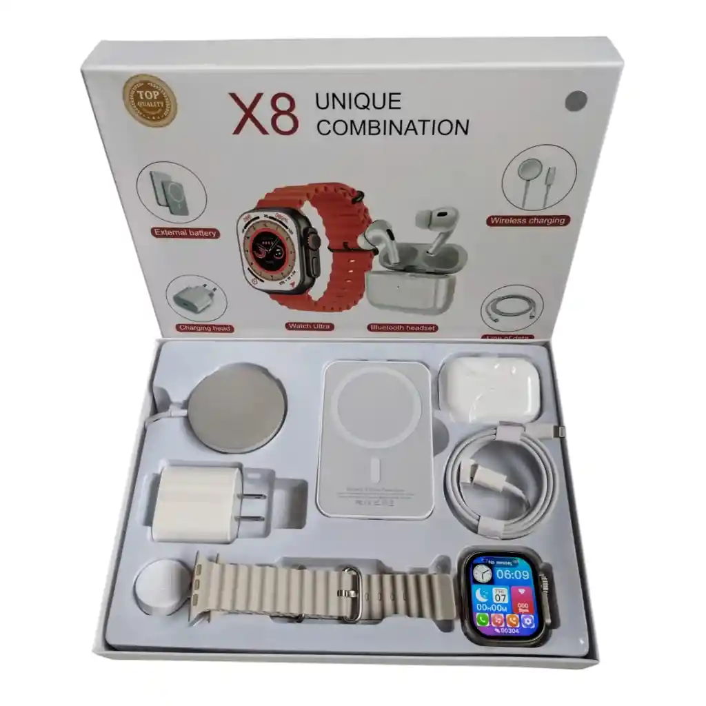 Combo X8 Smartwatch + Auriculares Bluetooth + Bateria Externa + Cargas Inalambricas + Cargador Iphone (puldo Negro)