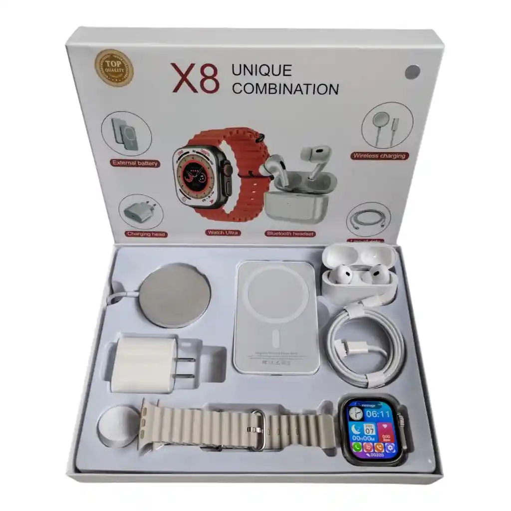 Combo X8 Smartwatch + Auriculares Bluetooth + Bateria Externa + Cargas Inalambricas + Cargador Iphone (puldo Negro)