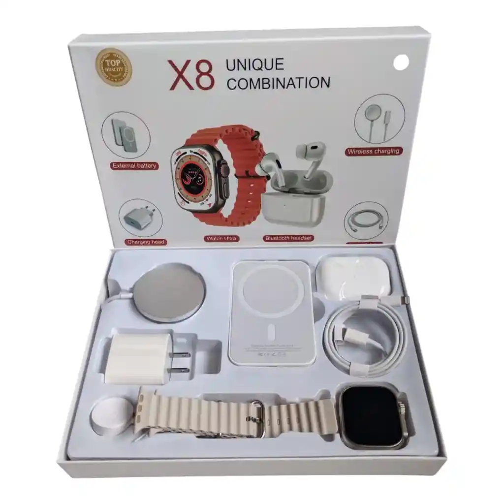 Combo X8 Smartwatch + Auriculares Bluetooth + Bateria Externa + Cargas Inalambricas + Cargador Iphone (puldo Negro)