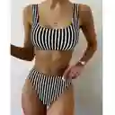 Bikini De Talle Alto A Rayas Monocromáticas En Blanco Y Negro