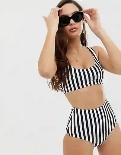 Bikini De Talle Alto A Rayas Monocromáticas En Blanco Y Negro