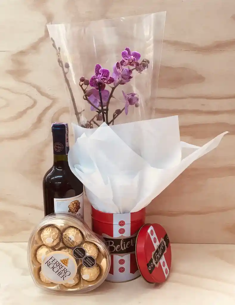 Caja De Regalo Orquídea, Vino Y Chocolates