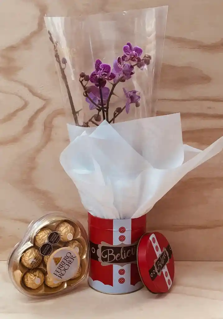 Caja De Regalo Orquídea, Vino Y Chocolates