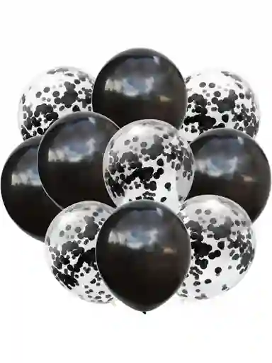 Kit Globos Cromado R12 + Globos Con Confeti R 12 Negro