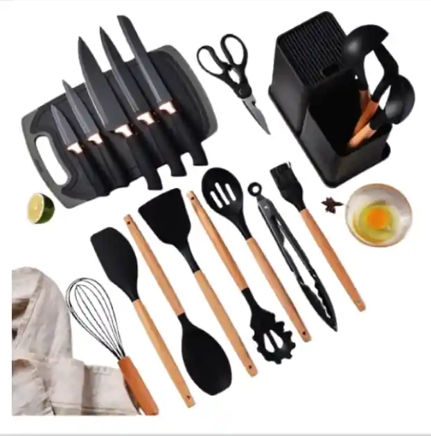 Set De Utensilios De Cocina Silicona Negro 19 Piezas Completo Y Funcional