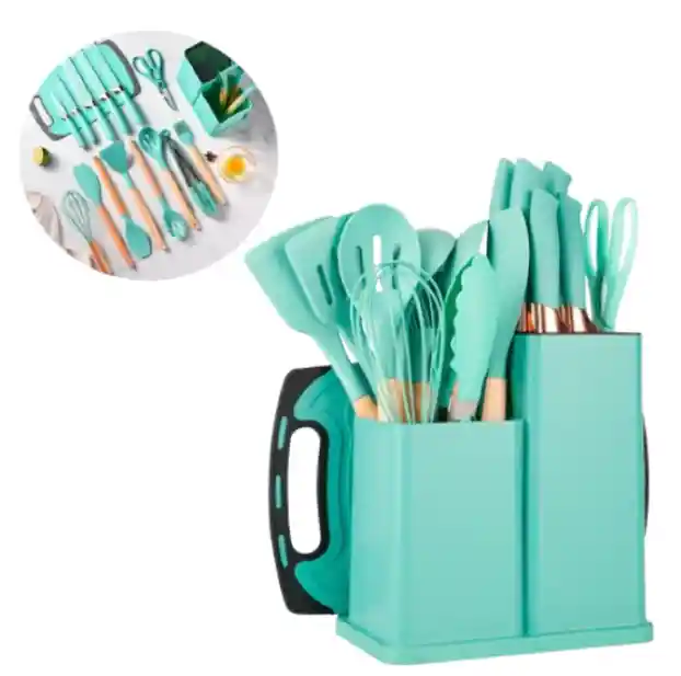 Set De Utensilios De Cocina Silicona 19 Verde Oscuro Piezas, Ideal Para Tu Cocina