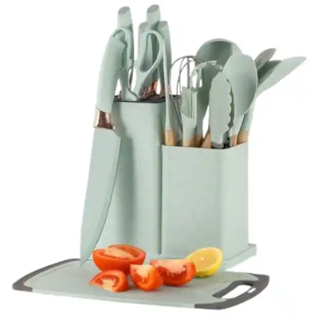 Set De Utensilios De Cocina Silicona 19 Verde Claro Piezas Completo Y Funcional