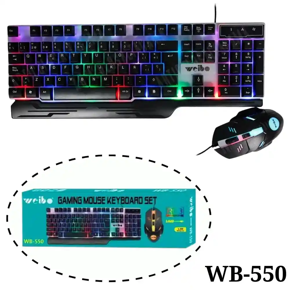 Combo Teclado Y Mouse Gamer Weibo Alambrico Wb-550 Iluminado Rgb Usb Gaming Keyboard