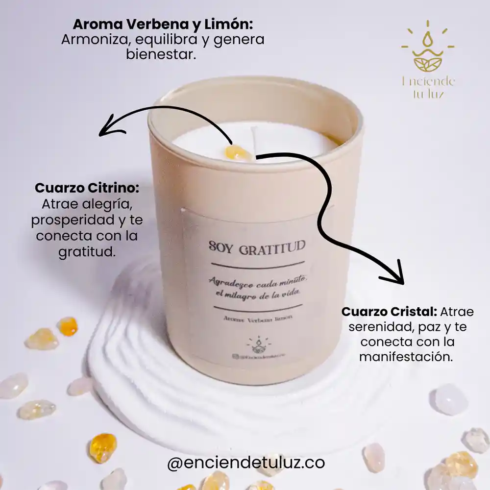 Vela Con Intención - Soy Gratitud - Cera Orgánica Cuarzo Cristal -280g - Proposito 2025