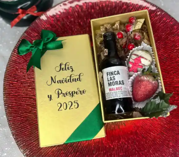 Caja De Lujo Vino Mini Con Fresas Con Chocolate - Navidad