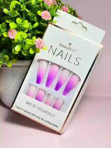 Kit Completo De Uñas Postizas Minimalista Extralarga Blanco Morado - Uñas Press On Con Adhesivo - Ref 12