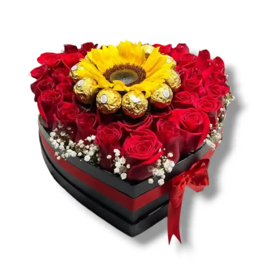 Caja Corazón 24 Rosas Rojas Un Girasol Y 9 Chocolates