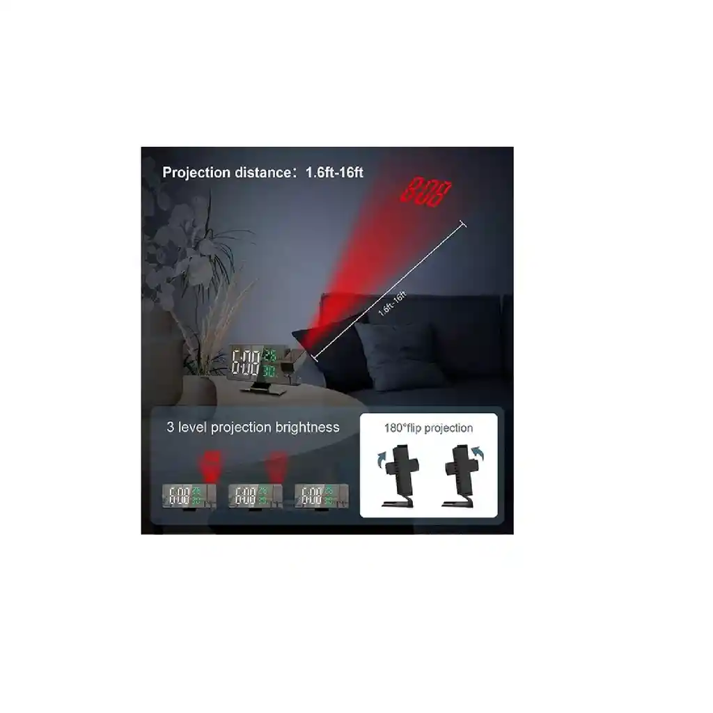 Reloj Despertador Digital Con Proyector De 180° Pantalla Led