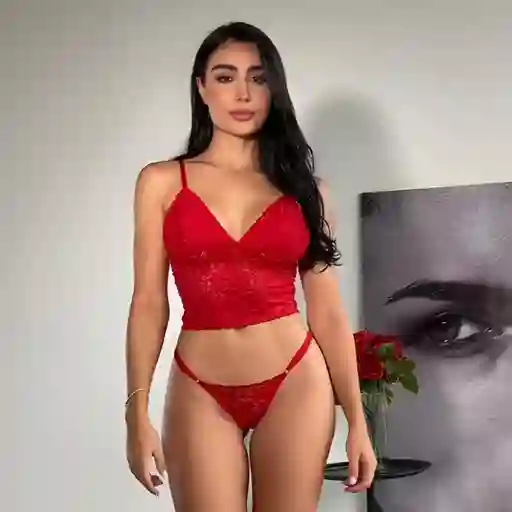 Conjunto Lenceria Alma Rojo En Encaje Top Y Panty Talla Única