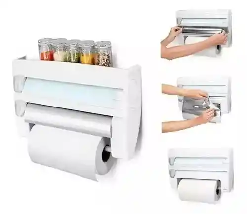 Dispensador Rollo Papel Cocina 4 En 1 Cortador Aluminio Papel