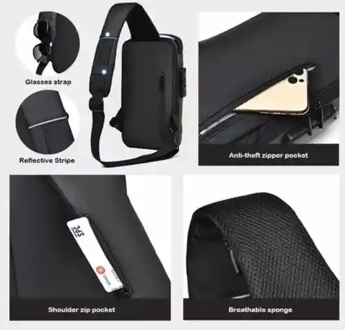 Bolso Tipo Canguro Antirobo Negro Impermeable Con Clave Y Puerto Usb