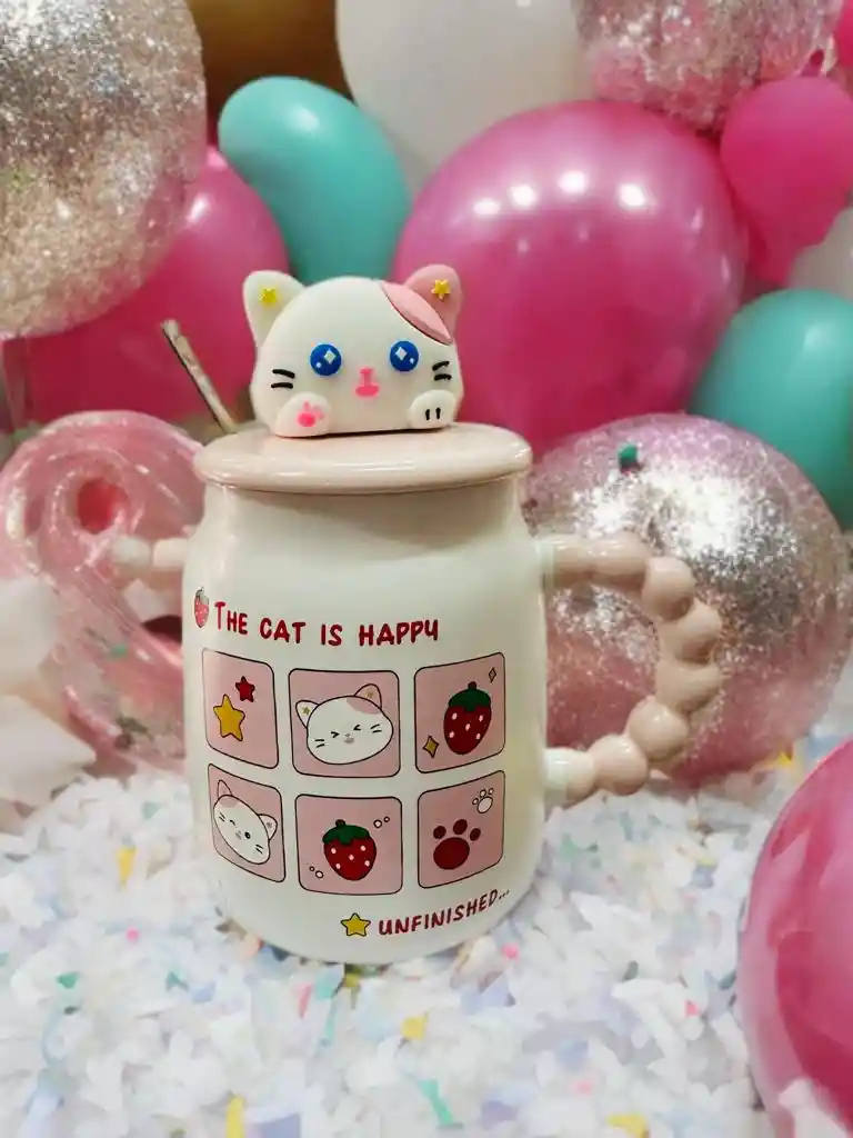 Mug Con Tapa Gatito Blanco