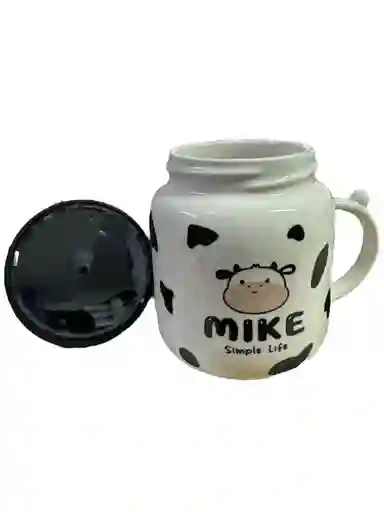 Mug Taza Pocillo Vaso Ceramica Blanco Tapa Vidrio Reflejo Motivo Vaca