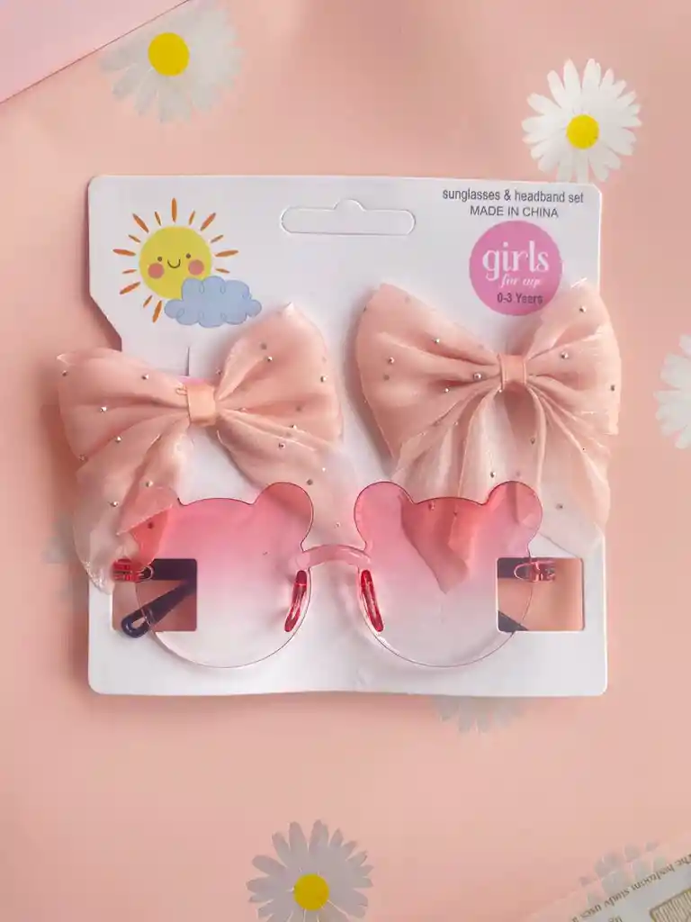 Set De Gafas Gatico Y Pinzas Corbatin Para Niñas Rosado