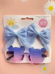 Set De Gafas Gatico Y Pinzas Corbatin Para Niñas Azul Violeta