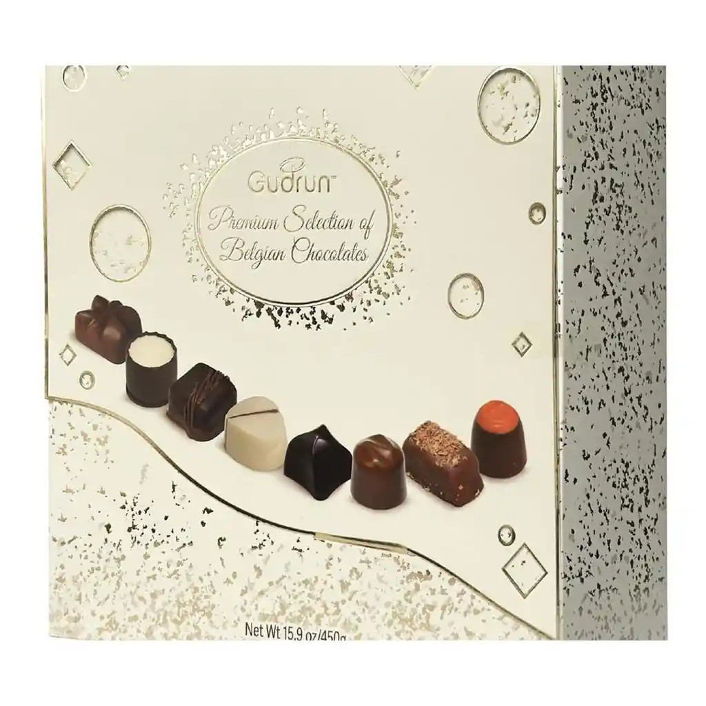 Gudrún Selección Premium De Chocolates Belgas - Deliciosos, Caja Blanca, 16 Porciones (2 Por Sabor) 454 G / 16 Oz