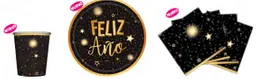 Set Platos, Vasos Y Servilletas Sempertex Negro Feliz Año X8 Unida