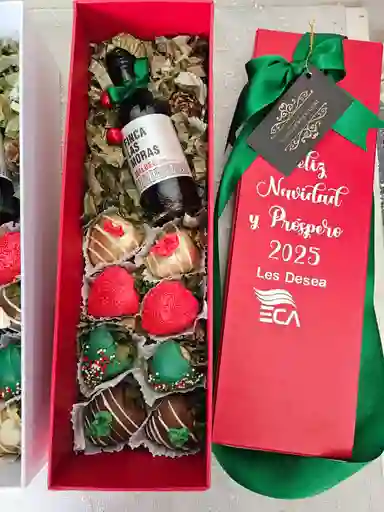 Caja De Lujo Con Vino Mini Y Fresas Con Chocolate - Navidad